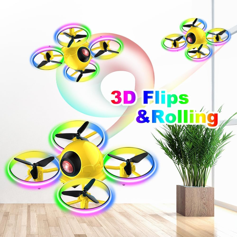 Mini Drone for Kids - 10 Minutes Flight Time, Blinking Light, One-Key Takeoff, Spin & Crash-Proof RC Nano Quadcopter with Carrying Case - Ideal for Beginners - Yellow