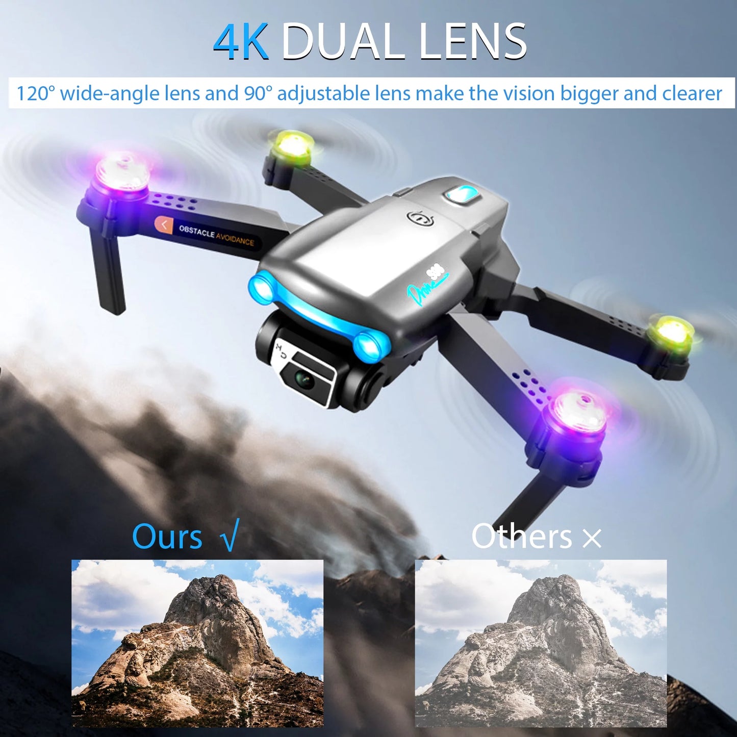 4K HD Mini Drone with Camera for All Ages, FPV Quadcopter with LED Lights and Optical Flow Sensor, Gray