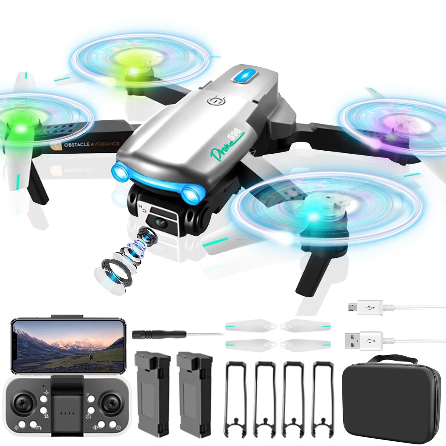 4K HD Mini Drone with Camera for All Ages, FPV Quadcopter with LED Lights and Optical Flow Sensor, Gray