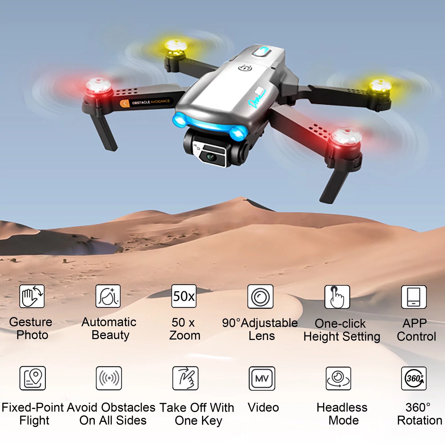 4K HD Mini Drone with Camera for All Ages, FPV Quadcopter with LED Lights and Optical Flow Sensor, Gray